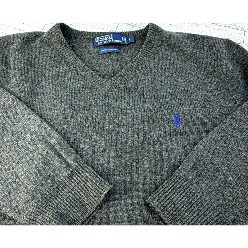 Polo Ralph Lauren Sweater Mens LARGE Gray Lambswool‎ V Neck Knit Pullover Pony